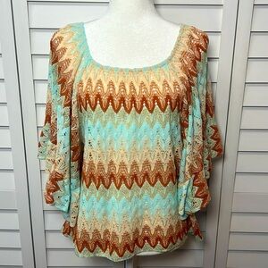 Pho Firenze Knit Chevron Print Flared Sleeve Metallic Boho Top Size Small